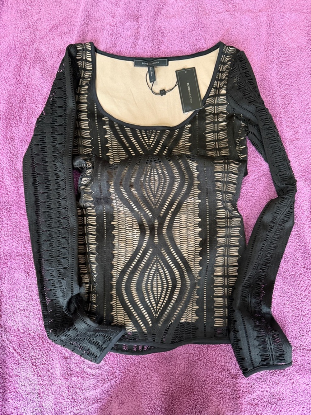 BCBGMaxAzria Black Lace Overlay Long Sleeve Top